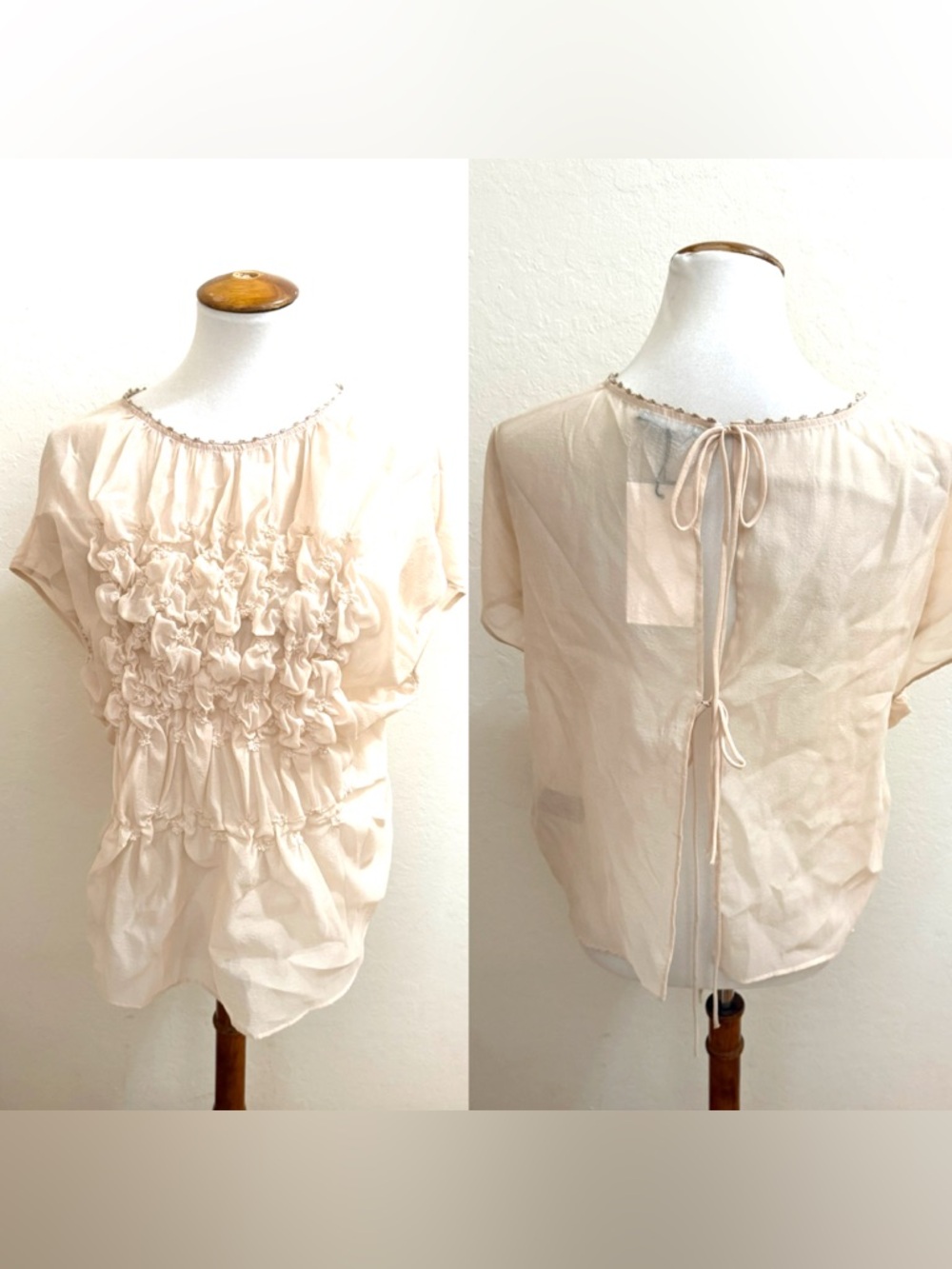 Zara Cream Sheer Ruffle Tie-Back Blouse